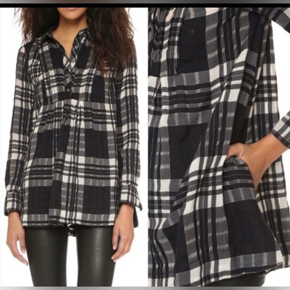 Free People Baby Blues Black & White Plaid Pleated Tunic with Pockets Medium - Picture 2 of 16